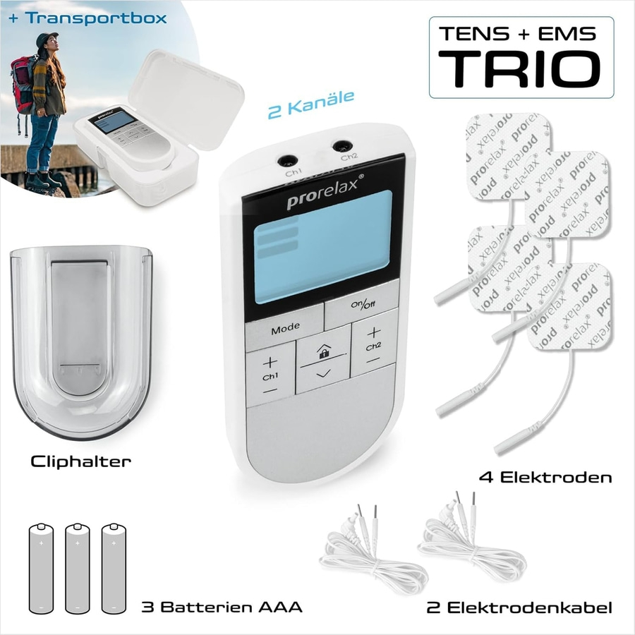 TENS + EMS Trio Set mit Transportbox, Elektroden und Kabeln.