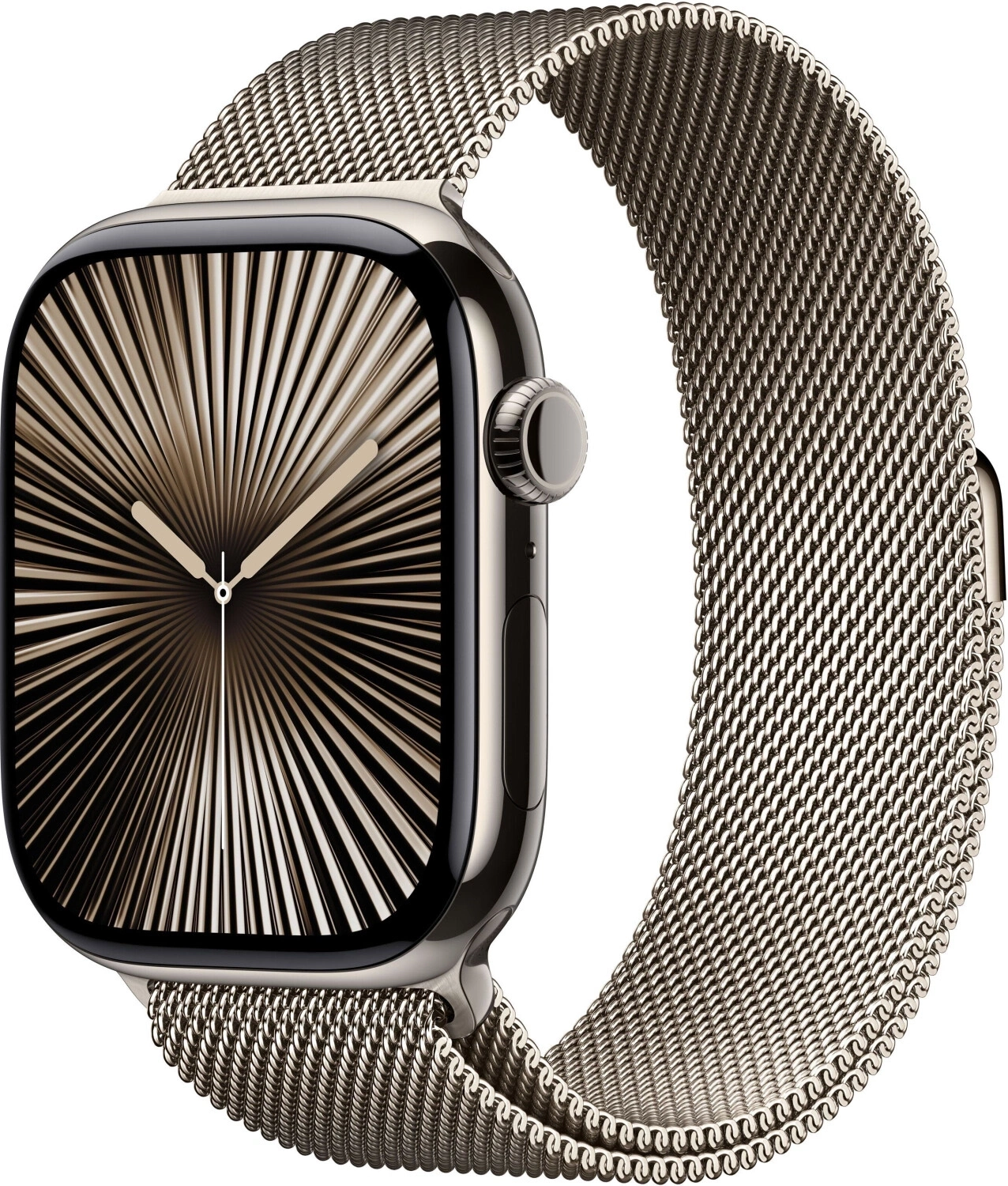 Ein Apple Watch mit Milanese Loop Armband und einem grafischen Zifferblatt.