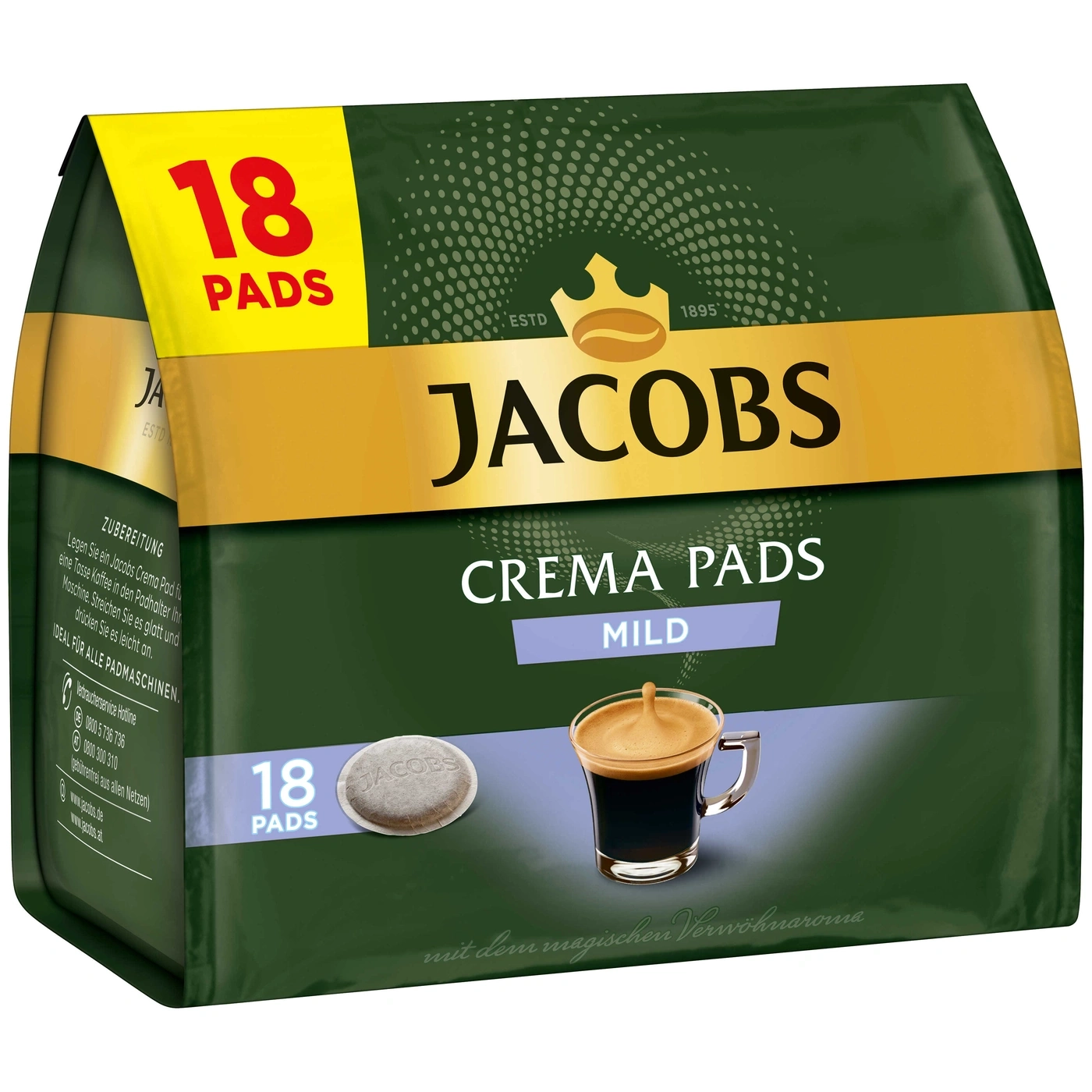Jacobs Crema Pads, 18 Pads, mild, Kaffee, Packung, Zubereitung, ideal für Padmaschinen