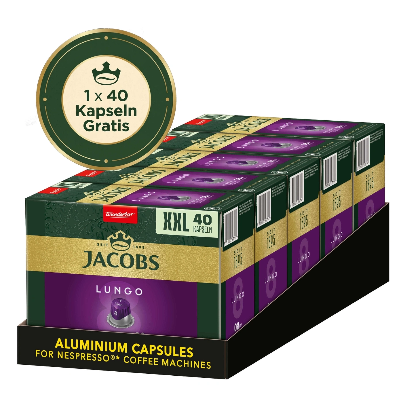 JACOBS Kaffeekapseln Lungo 8 Intenso XXL-Pack 5 x 40 Nespresso®* +1x40 gratis pro Bestellung einen JACOBS Adventskalender dazu!