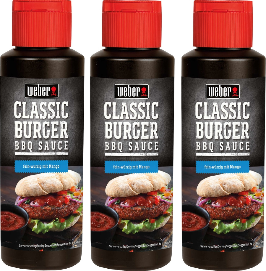Drei Weber Classic Burger BBQ Sauce Flaschen mit Mango-Geschmack