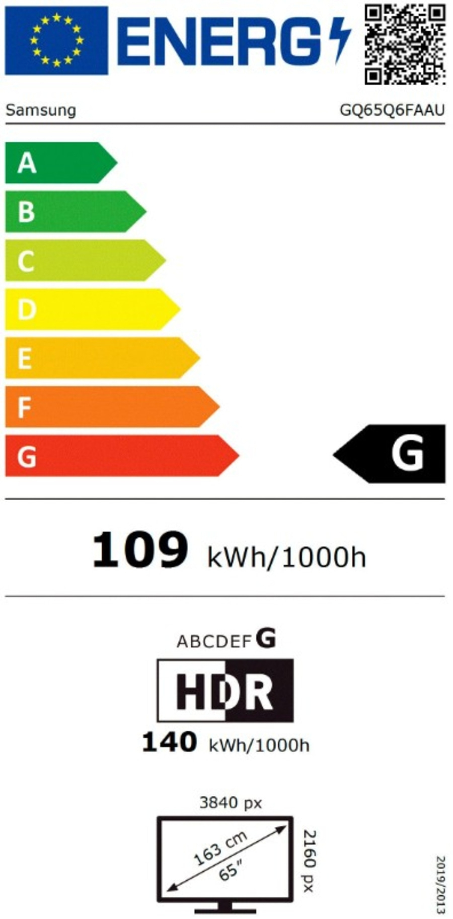 Energielabel für einen Samsung Fernseher mit Energieeffizienzklasse G und 109 kWh/1000h Verbrauch.