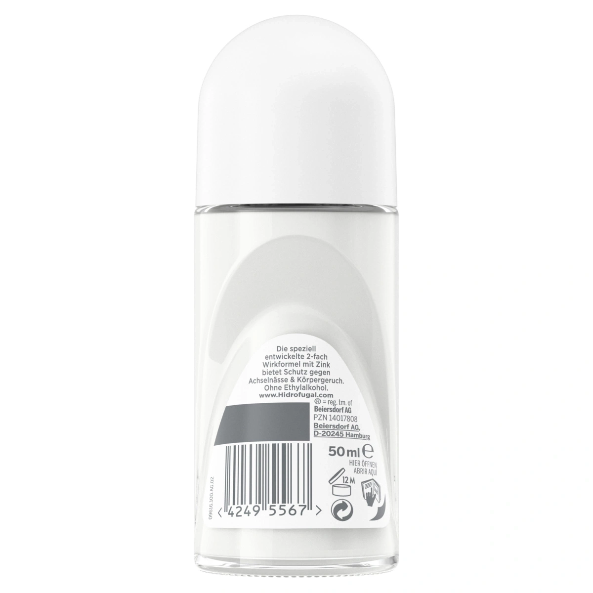 Hinterseite einer Hidrofugal-Deo-Rolle mit Produktinformationen und Barcode.