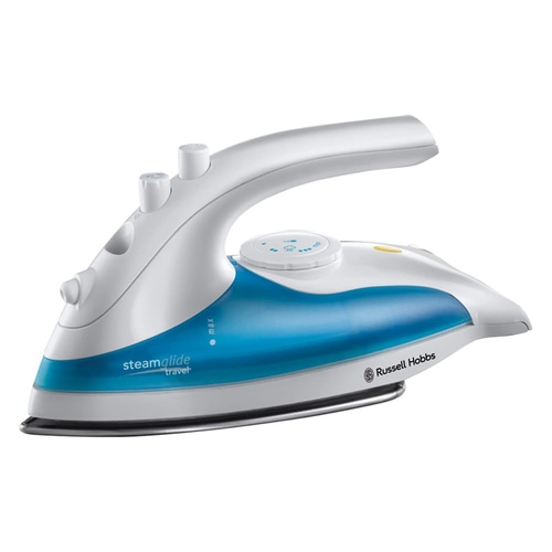 Russell Hobbs Dampfbügeleisen, weiß und blau, mit Drehregler und Dampfknöpfen.