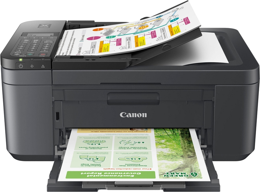 Ein Canon-Drucker druckt ein Umweltbericht. Das Papier wird in den Drucker eingelegt.