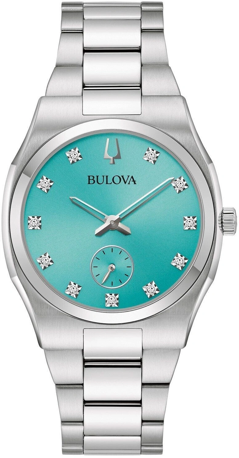 Bulova Damenuhr mit türkisfarbenem Zifferblatt und Diamanten, Edelstahlarmband