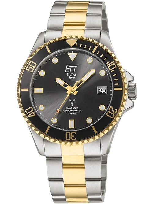 Elegante Herrenuhr mit goldenen Akzenten und schwarzem Zifferblatt. ETT EcoTech Time.