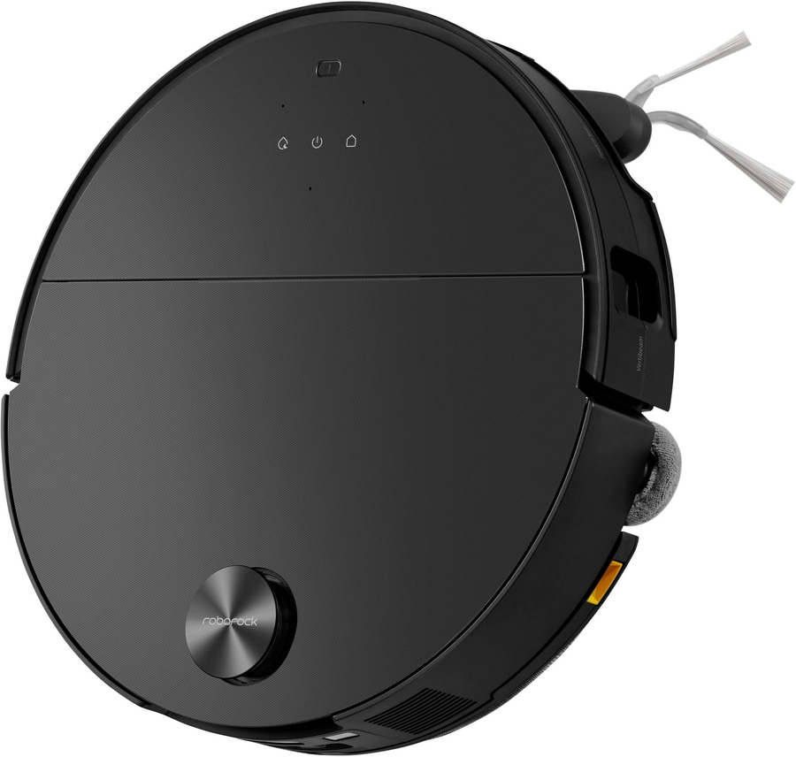Schwarzer Saugroboter mit Bürsten und "roborock"-Logo auf der Oberseite.