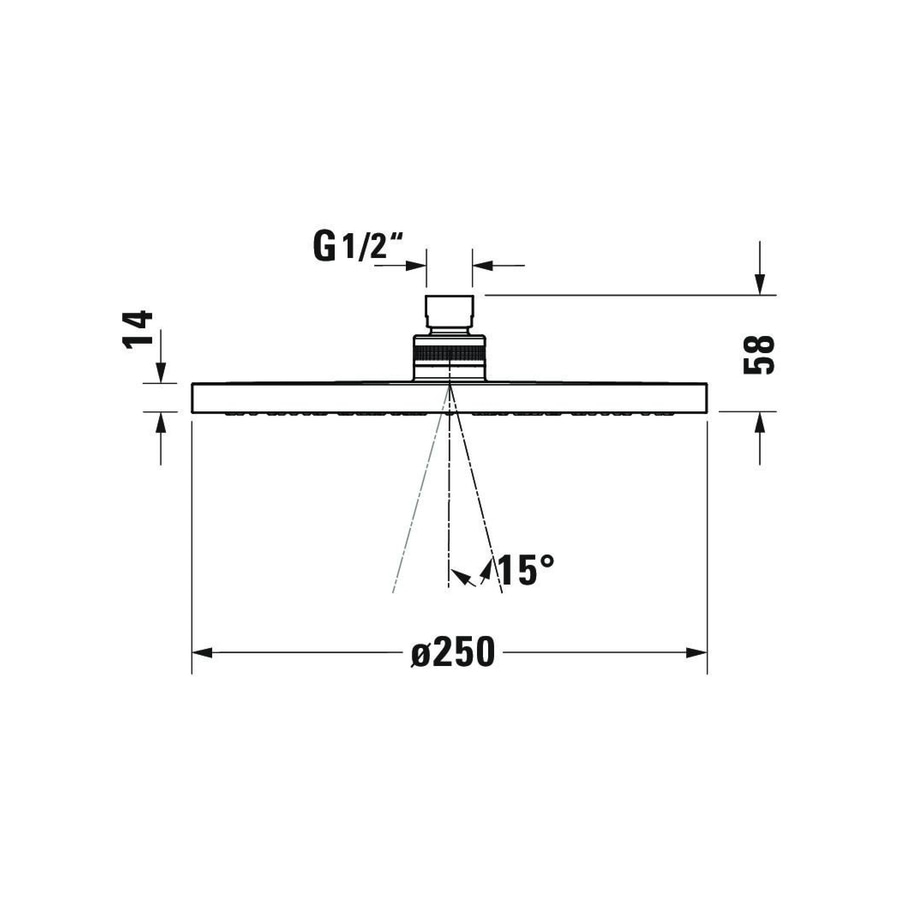 Duschkopf mit Abmessungen, Winkel von 15 Grad und Durchmesser von 250 mm.