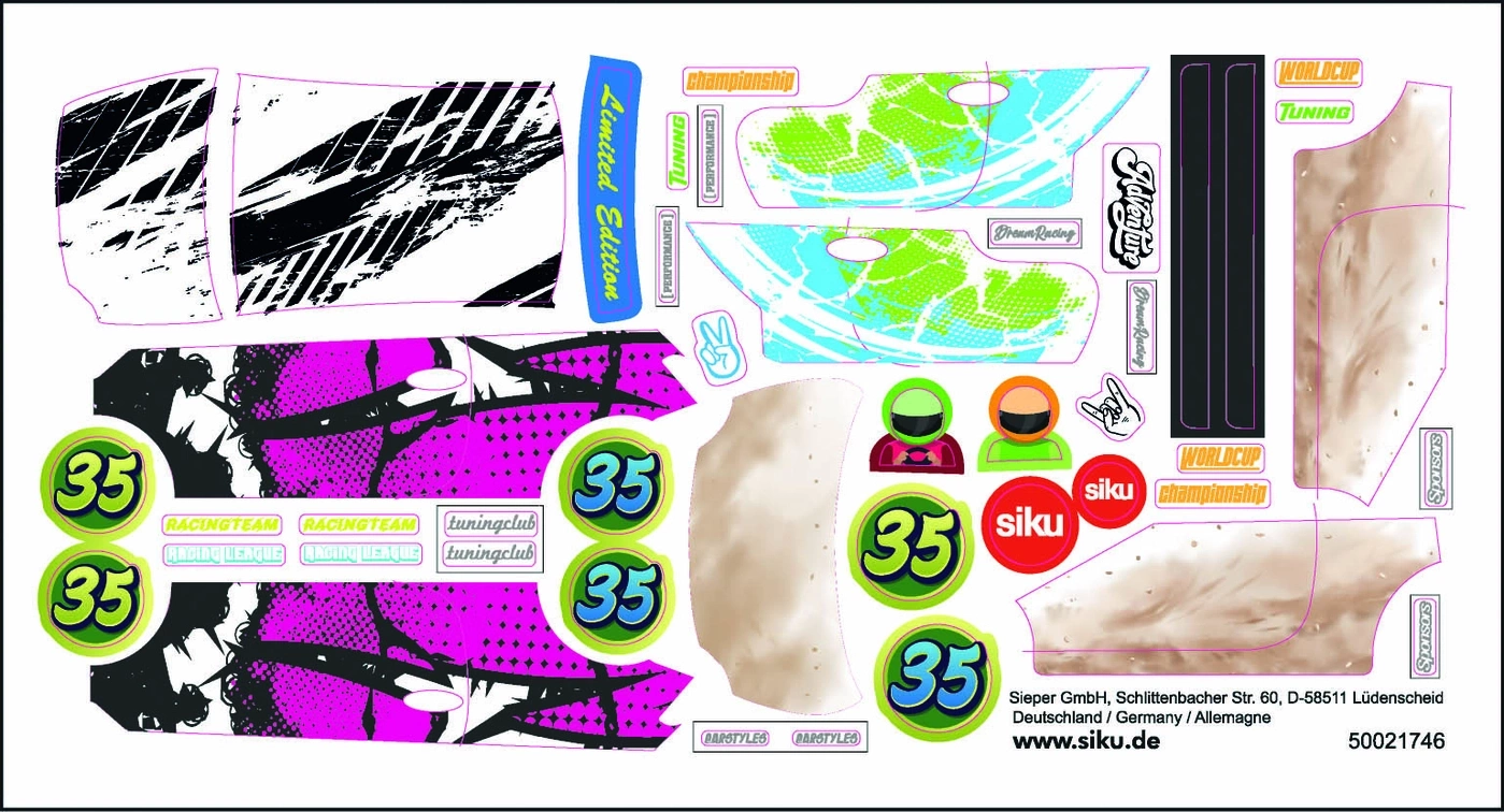 Aufkleber-Set mit Rennwagen-Design, Logos, Zahlen und Siku-Marke, Limited Edition.