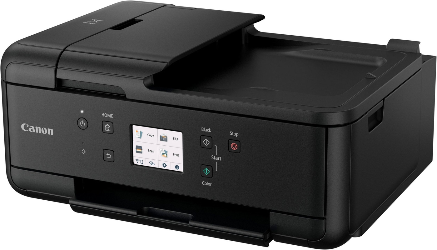 Schwarzer Canon-Drucker mit Home-Taste, Kopier-, Scan-, Fax- und Druckfunktionen.