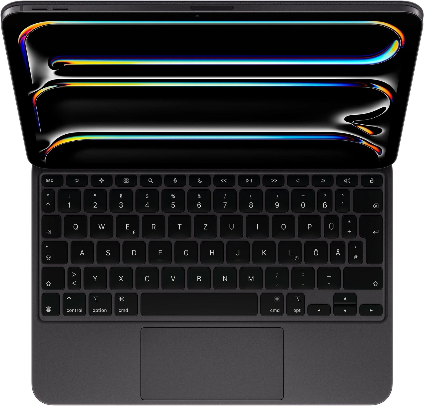 Ein moderner Laptop mit einem schwarzen Keyboard und Touchpad.