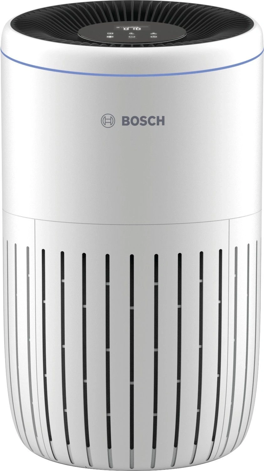 Ein weißer Bosch Luftreiniger mit blauem Streifen und Lüftungsschlitzen.