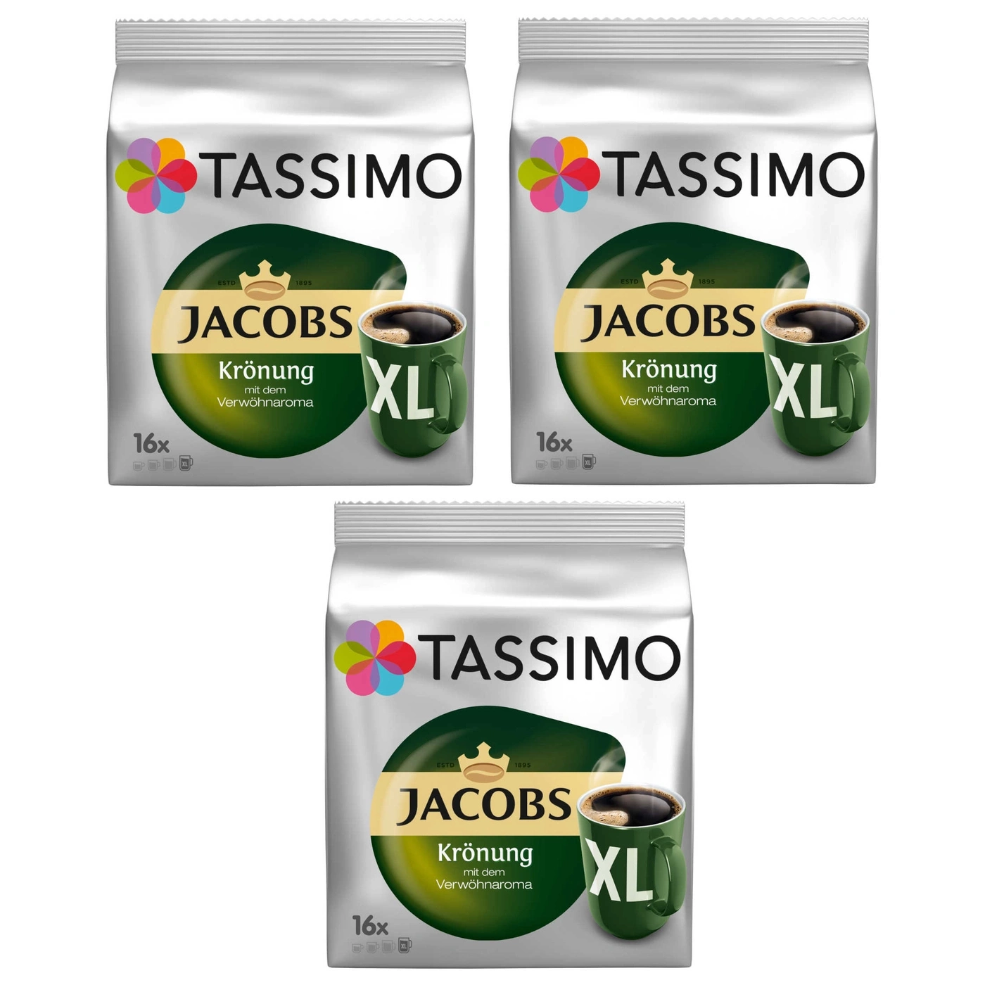 Drei Jacobs Krönung Tassimo Kaffeepackungen mit XL-Bechern, 16 Portionen.