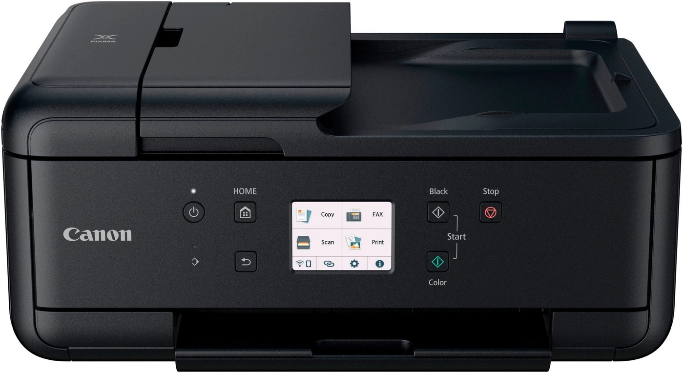 Ein schwarzer Canon Pixma Drucker mit Farbdisplay und verschiedenen Tasten auf der Vorderseite.