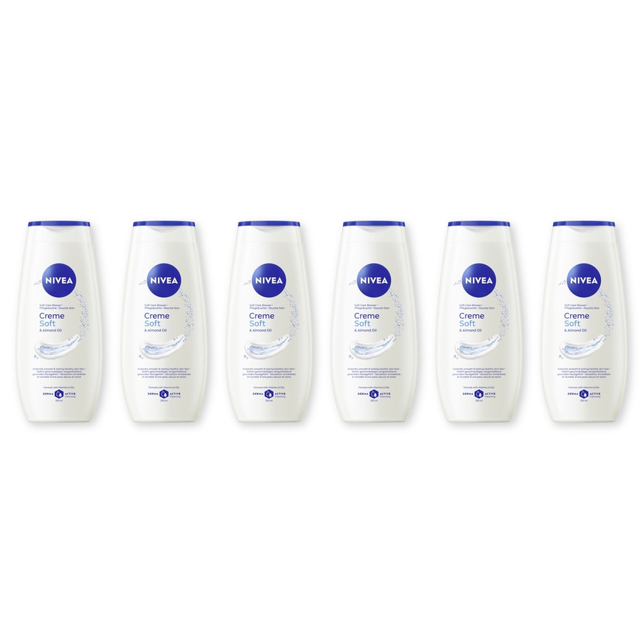 Sechs Nivea Creme Soft Duschgel Flaschen mit Mandelöl.
