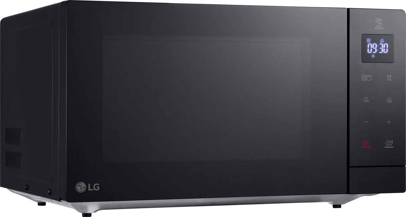 Schwarze LG Mikrowelle mit digitaler Anzeige und Bedienfeld.
