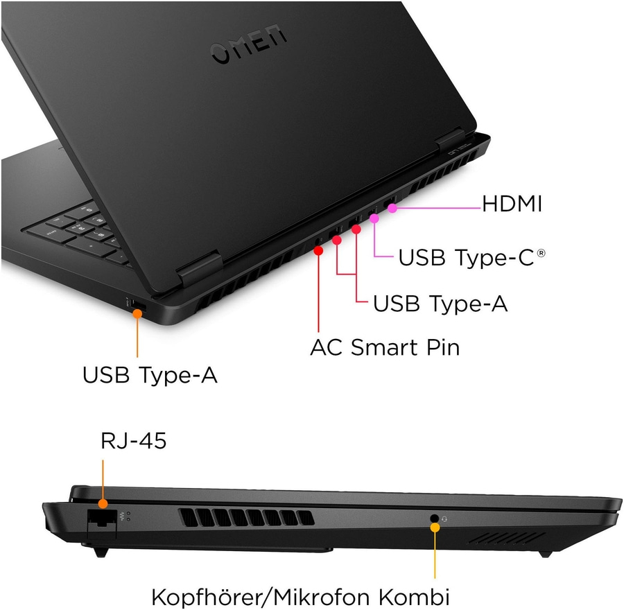 Laptop mit Anschlüssen: HDMI, USB-A, USB-C, RJ-45, Kopfhöreranschluss, AC Smart Pin.