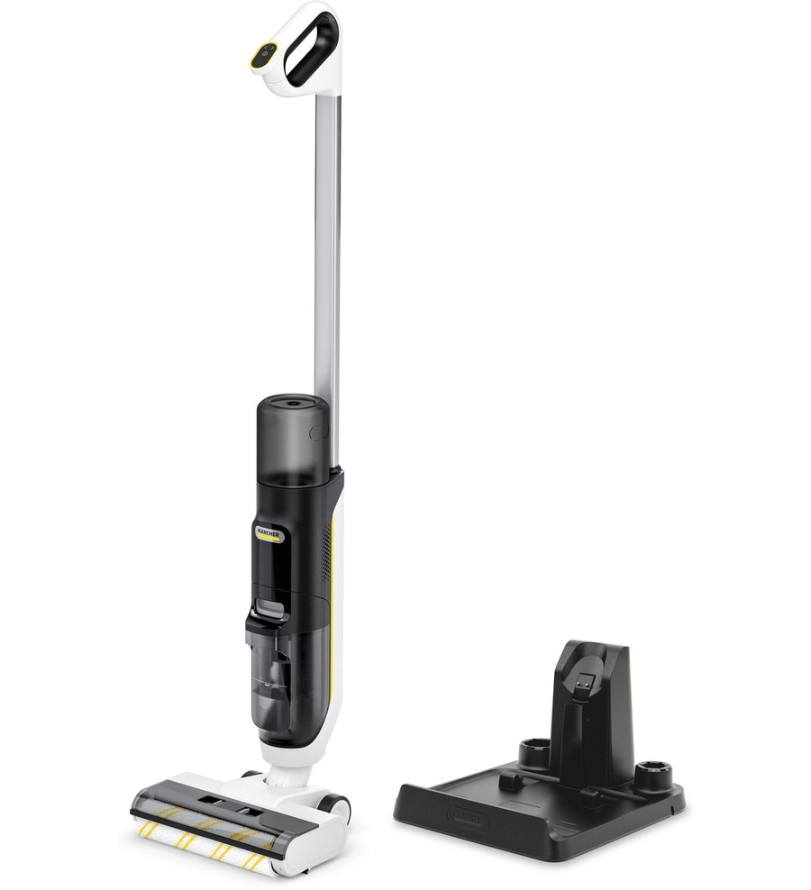 Ein Kärcher Bodenreiniger mit Ladestation auf weißem Hintergrund.