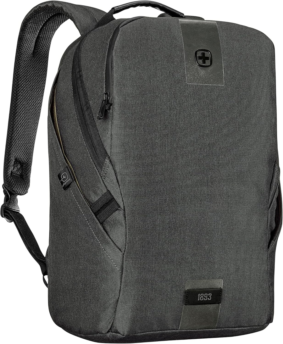 Schwarzer Rucksack mit Reißverschluss und Logo, 1893, für den täglichen Gebrauch.
