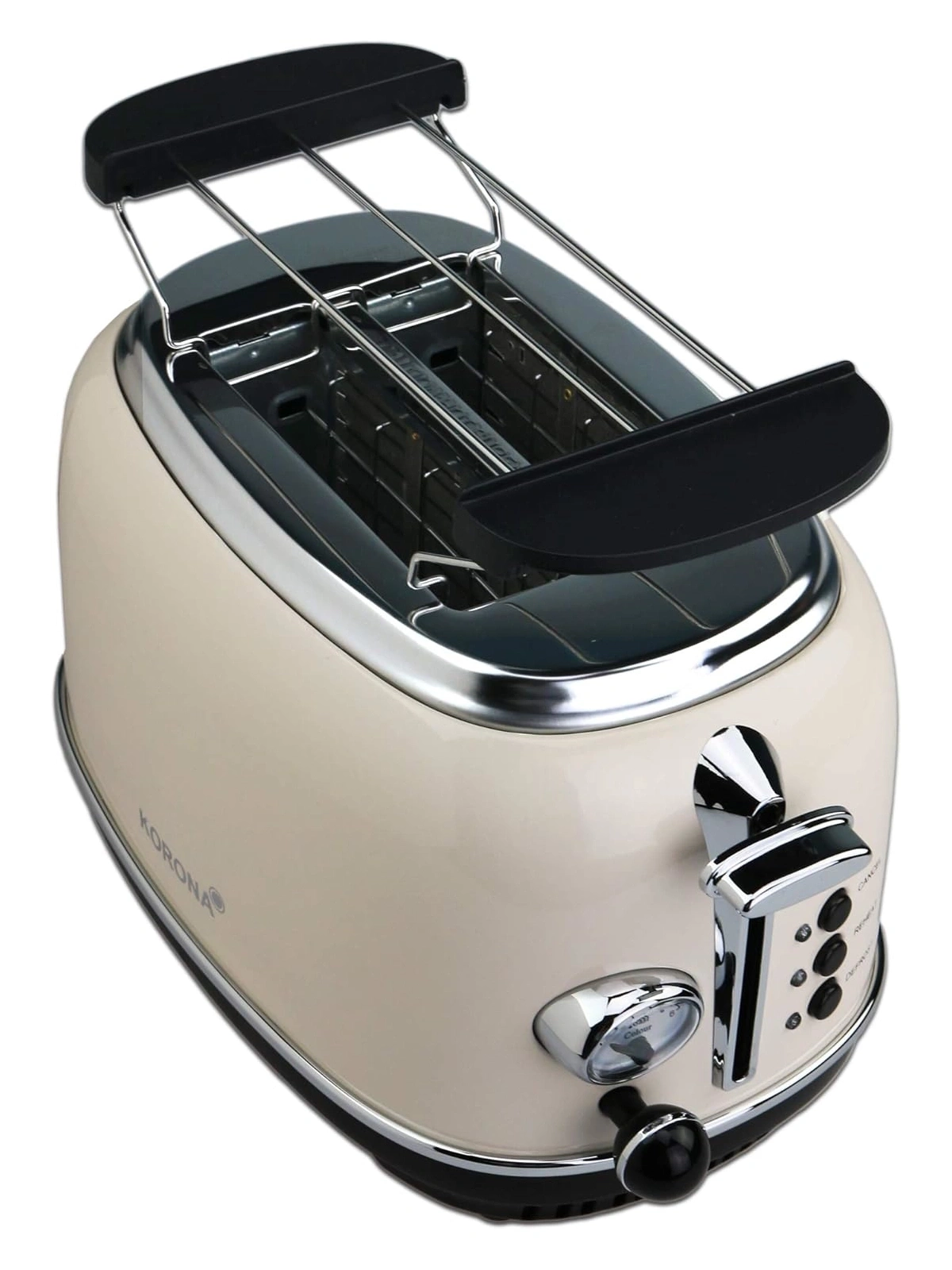 Beige Toaster mit Chromdetails und schwarzen Akzenten, Marke Korona.