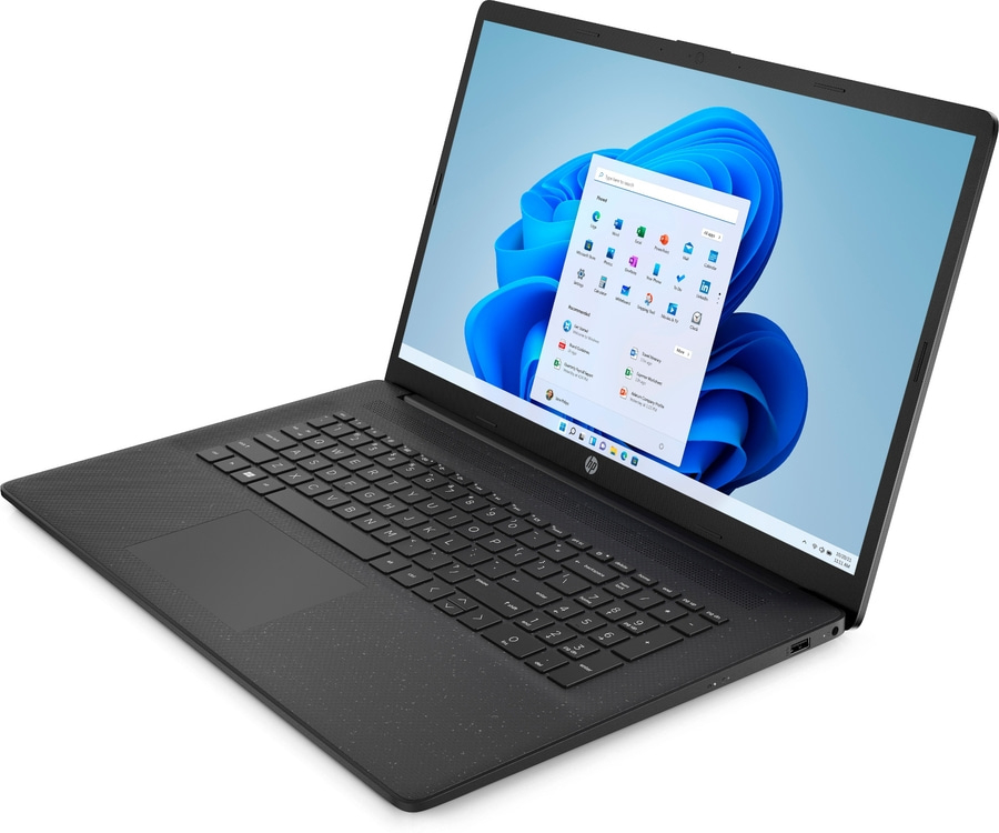 Schwarzer Laptop mit Windows-Oberfläche, Tastatur und Touchpad, HP-Logo, Bildschirm mit Apps
