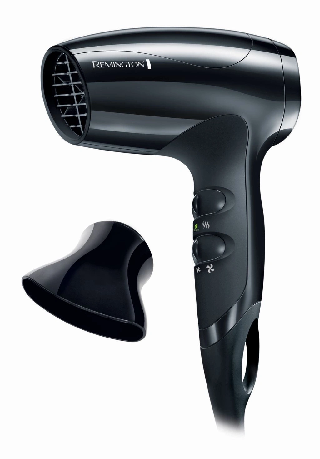 Schwarzer Föhn mit Aufsatz, Marke Remington, auf weißem Hintergrund, Detailaufnahme