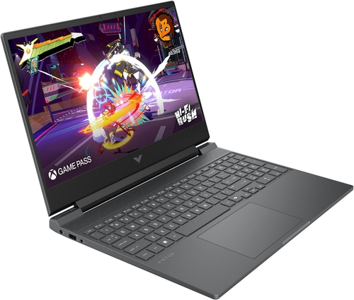 Ein schwarzer HP Victus Laptop mit auf dem Bildschirm laufendem Spiel Wi-Fi Rush