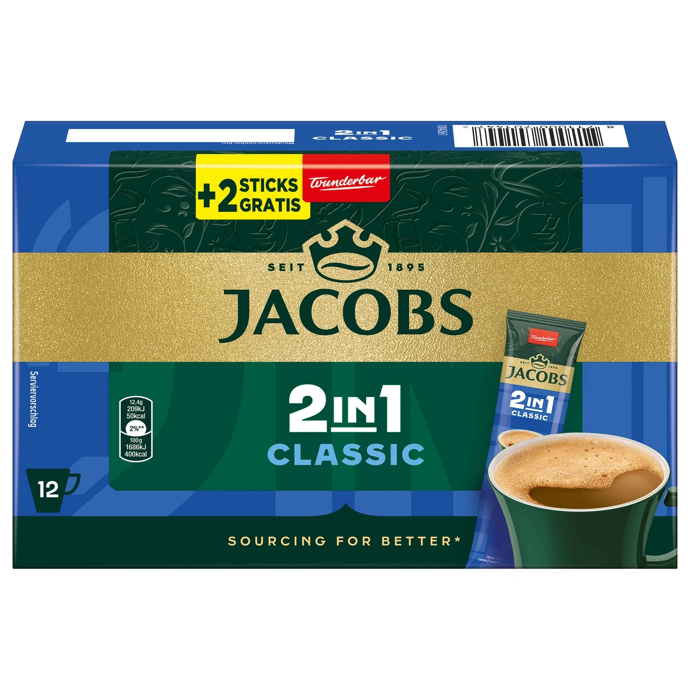Jacobs 2in1 Classic Kaffee mit 12 Sticks und '+2 Gratis' Aufdruck.