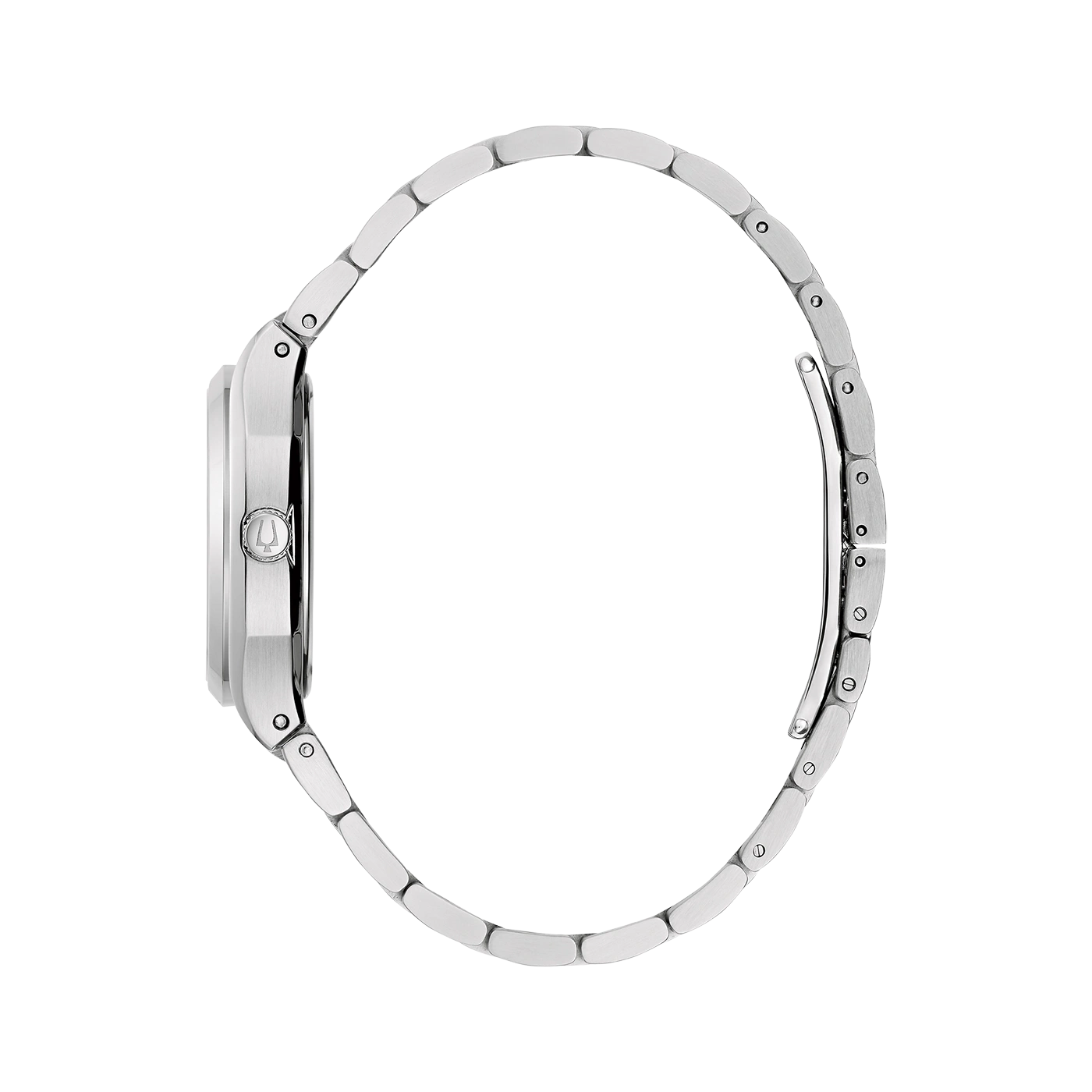 Silberne Armbanduhr mit Metallarmband, Seitenansicht, elegant