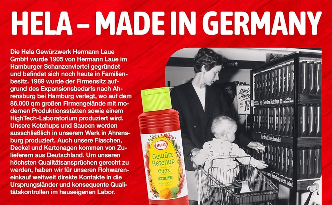 Hela Gewürzketchup Curry Flasche vor einem Regal mit Ketchupflaschen und einer Mutter mit Kind