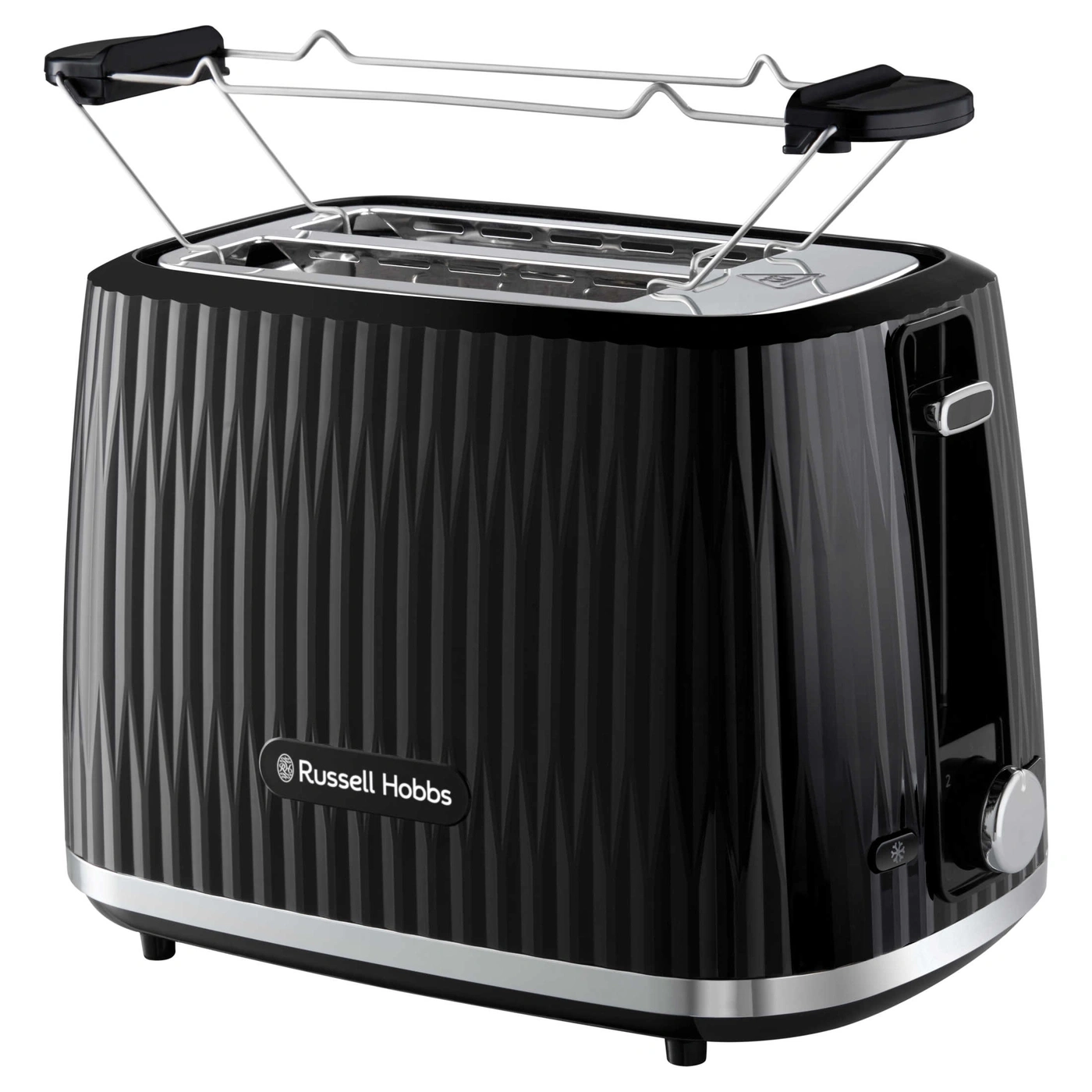 Schwarzer Toaster mit geriffelter Oberfläche und Aufsatz zum Toasten.