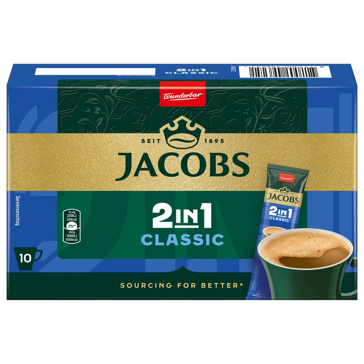 Jacobs 2in1 Classic Kaffee-Packung mit 10 Portionen, dunkelgrün und goldfarben