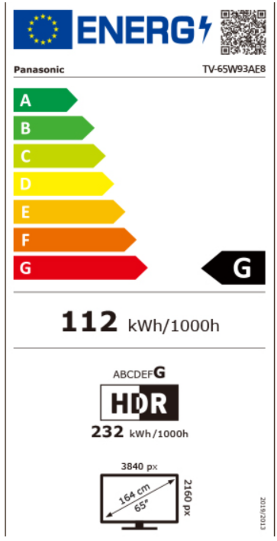 Energieeffizienzlabel für Panasonic TV, Klasse G, 112 kWh/1000h, HDR, 232 kWh/1000h