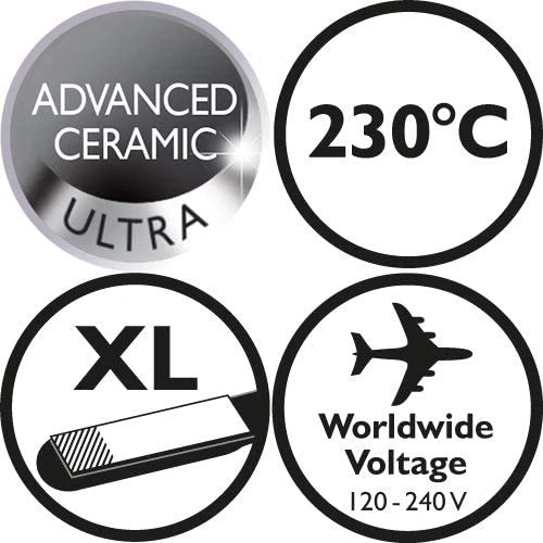 Haarglätter-Symbole: Advanced Ceramic, 230°C, XL, weltweite Spannung 120-240V