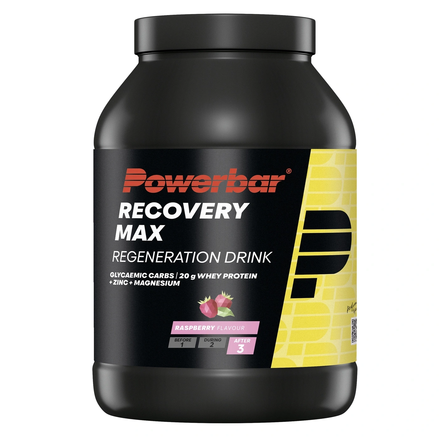Ein schwarzer Behälter mit Powerbar Recovery Max Himbeergeschmack