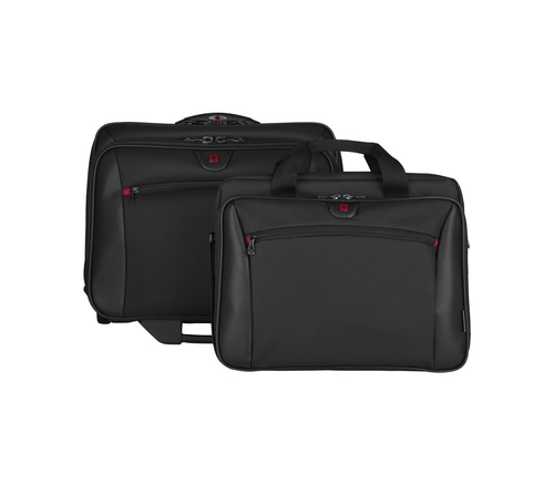 Schwarze Laptoptaschen, eine mit Griffen, die andere mit Rädern, isoliert.