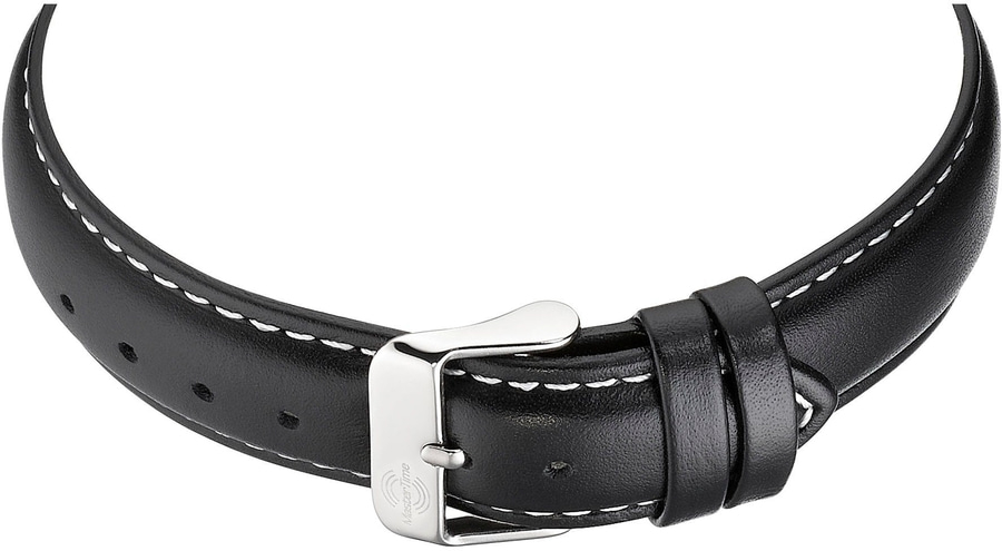 Schwarzes Lederarmband mit weißer Naht und silberner Schnalle, Nahaufnahme.