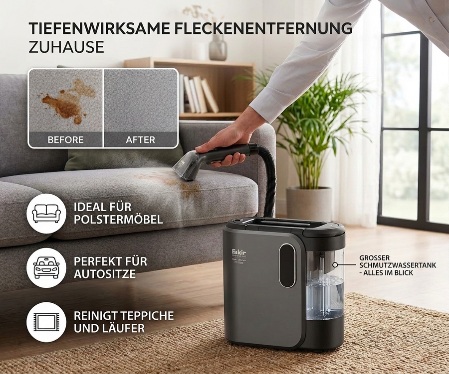 Ein Mann reinigt ein Sofa mit einem Sprühextraktor, der Flecken entfernt.