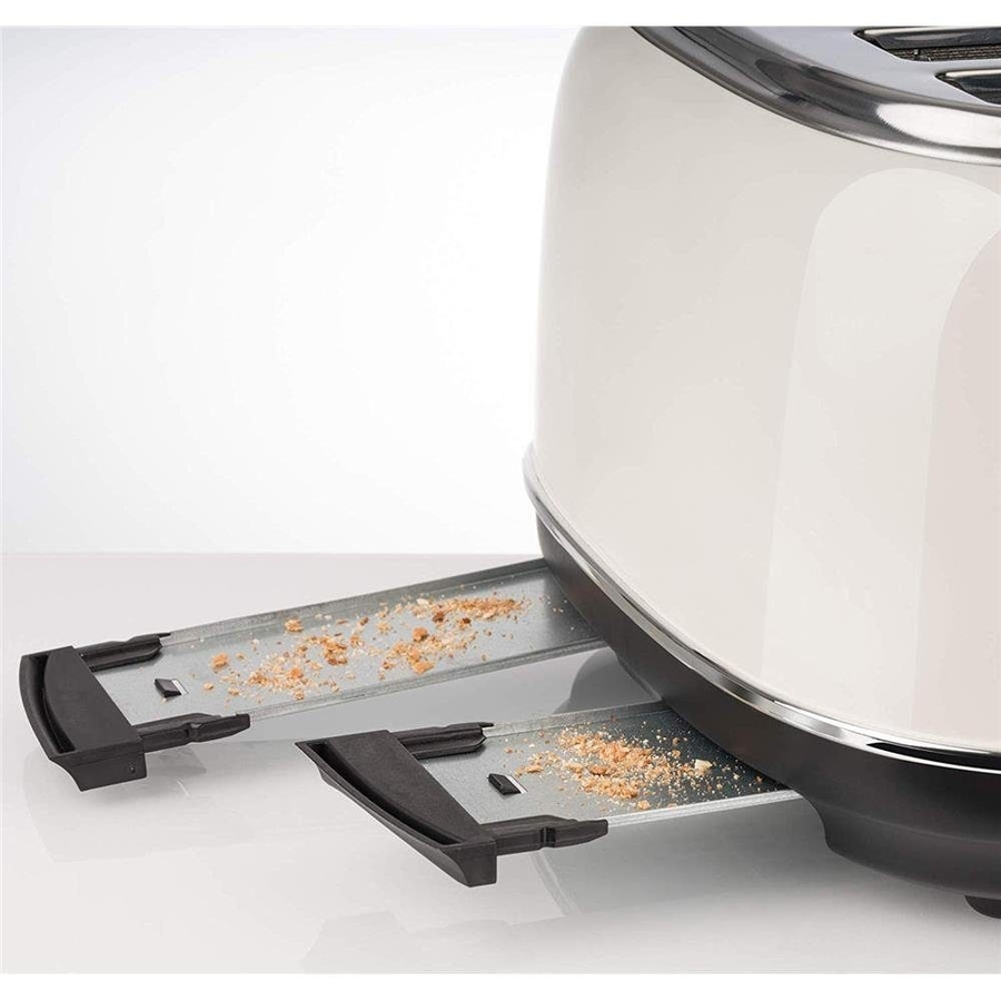 Toaster mit herausnehmbaren Krümelschubladen, die mit Brotkrümeln gefüllt sind.