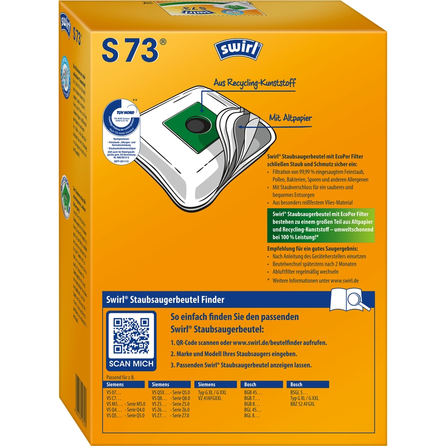 SWIRL Staubsaugerbeutel S 73 EcoPor für Siemens Bosch 3er-Pack 12 Beutel
