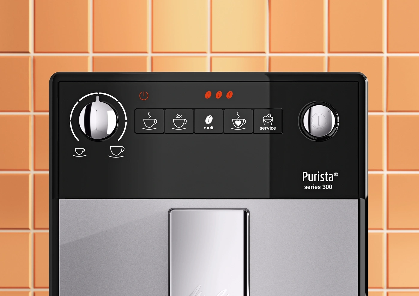 Kaffeemaschine mit Knöpfen und Anzeigen, die auf einer orangefarbenen Fliese steht.