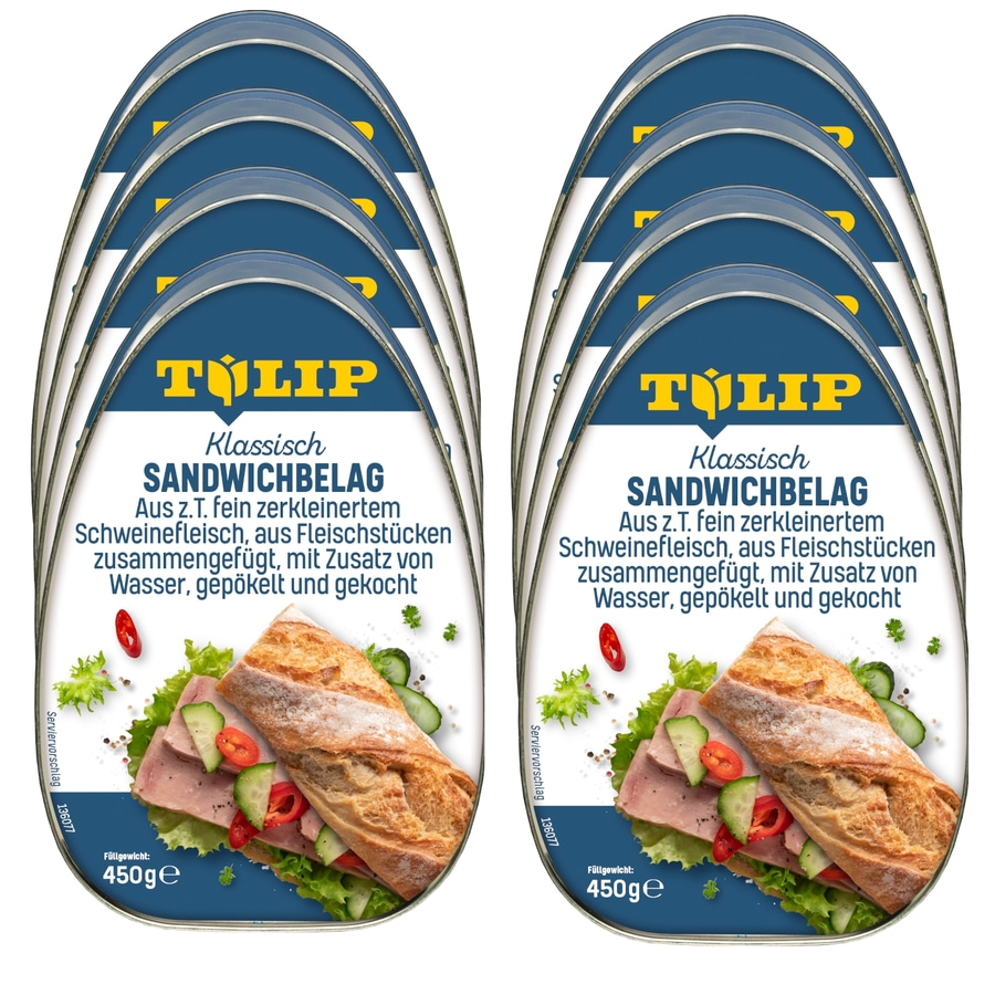 Mehrere Dosen Sandwichbelag von Tulip, Klassisch, 450g, Schweinefleisch, gepökelt und gekocht.