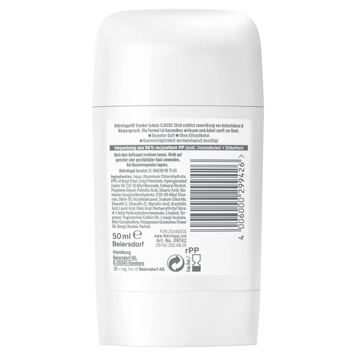 Rückseite der Hidrofugal Classic Stick Antitranspirant-Verpackung mit Inhaltsstoffen und Barcode.