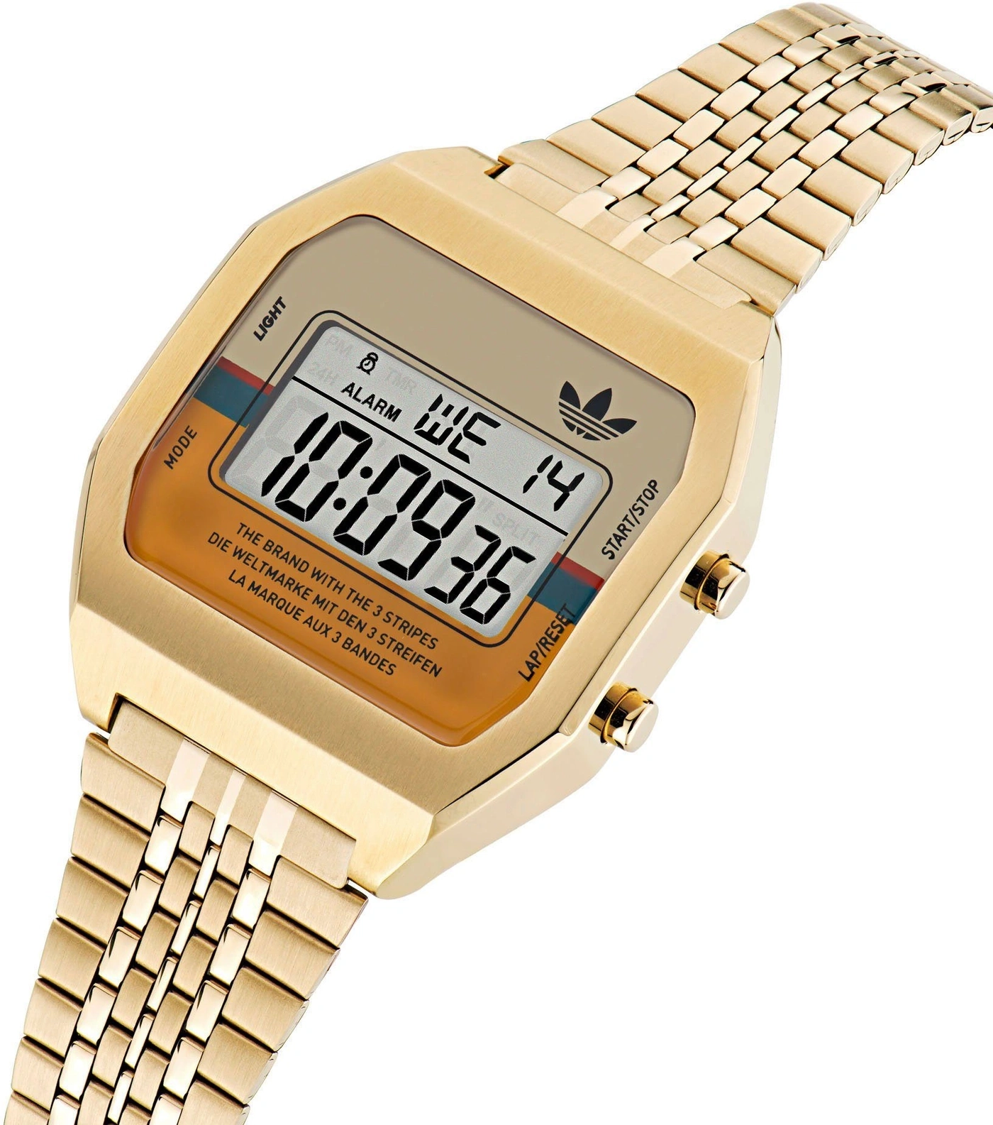 Eine goldene Adidas-Uhr mit digitaler Anzeige und Metallarmband.