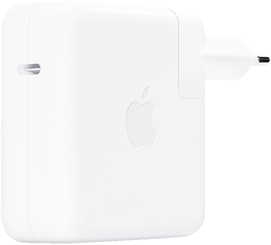 Weißes Apple-Ladegerät mit Logo und Stecker für die Steckdose.