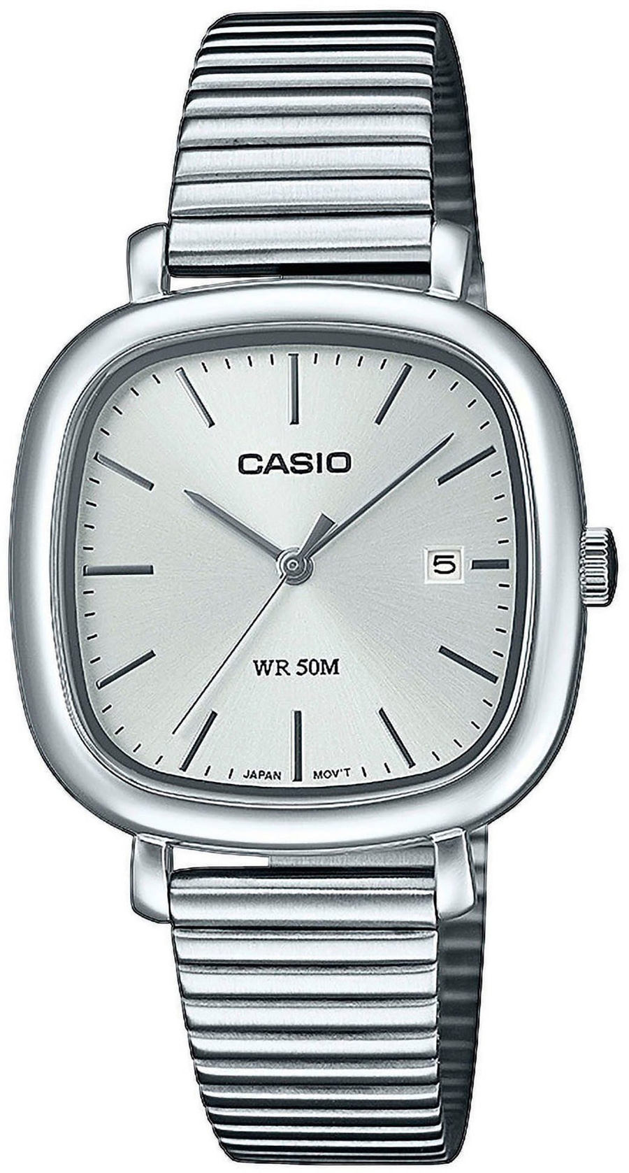 Silbernes Casio Armbanduhr mit Datumsanzeige und
metallband.