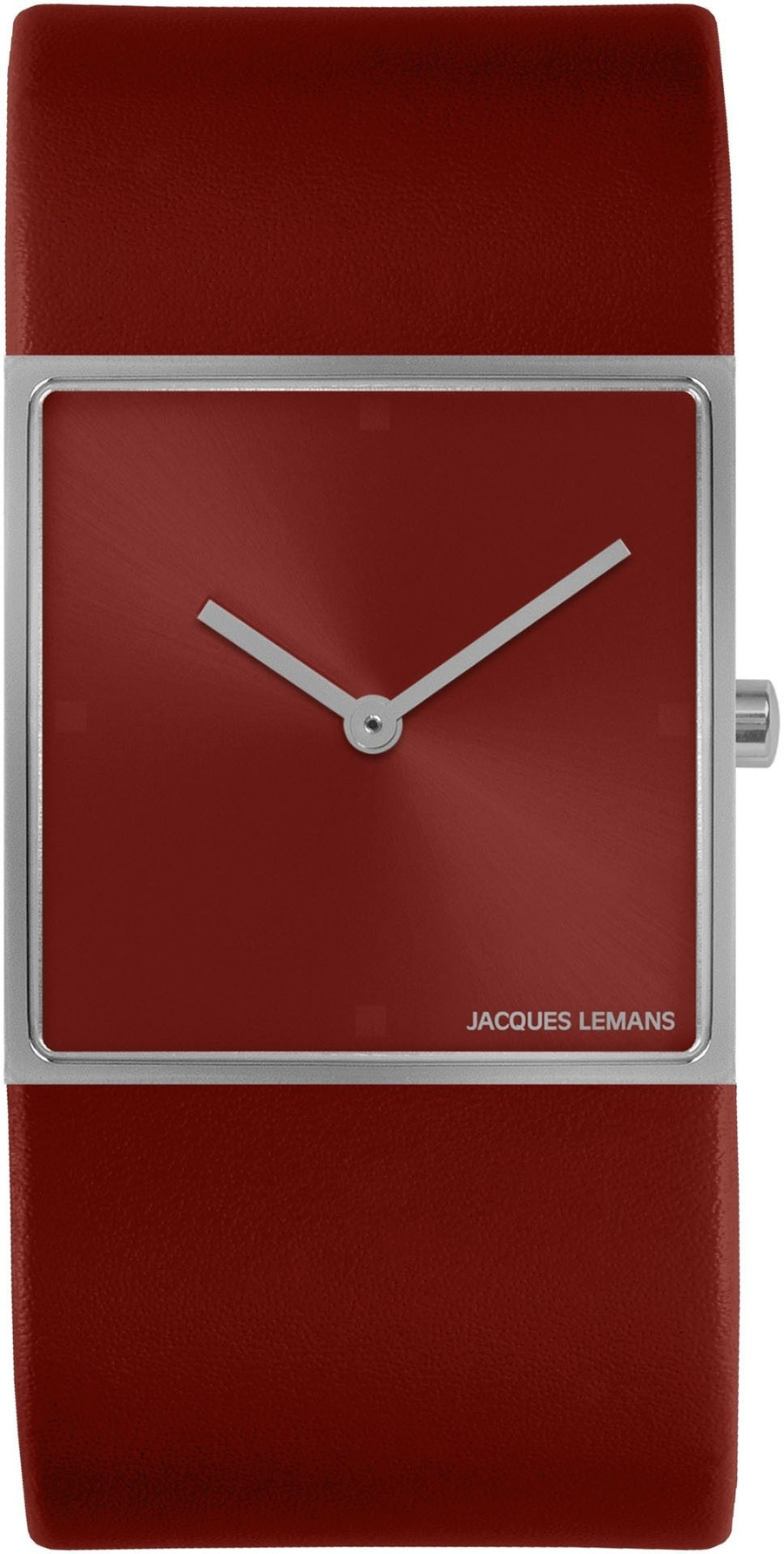 Rote Uhr mit quadratischem Zifferblatt und Lederarmband, Jacques Lemans.