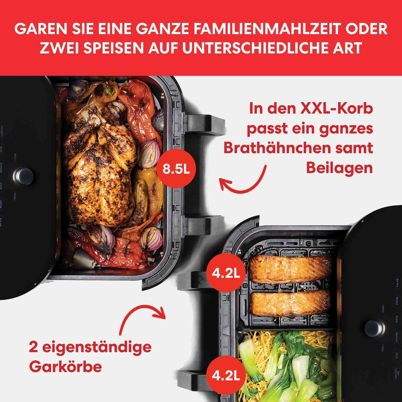 Luftfritteuse mit zwei Körben, 8,5L und 4,2L, für Familienmahlzeiten und Brathähnchen
