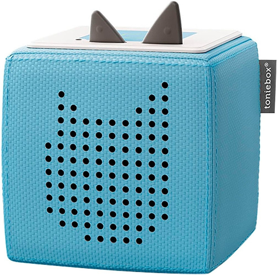 Blauer Toniebox-Würfel mit Ohren und Logo, mit Löchern in Form eines Fuchses.